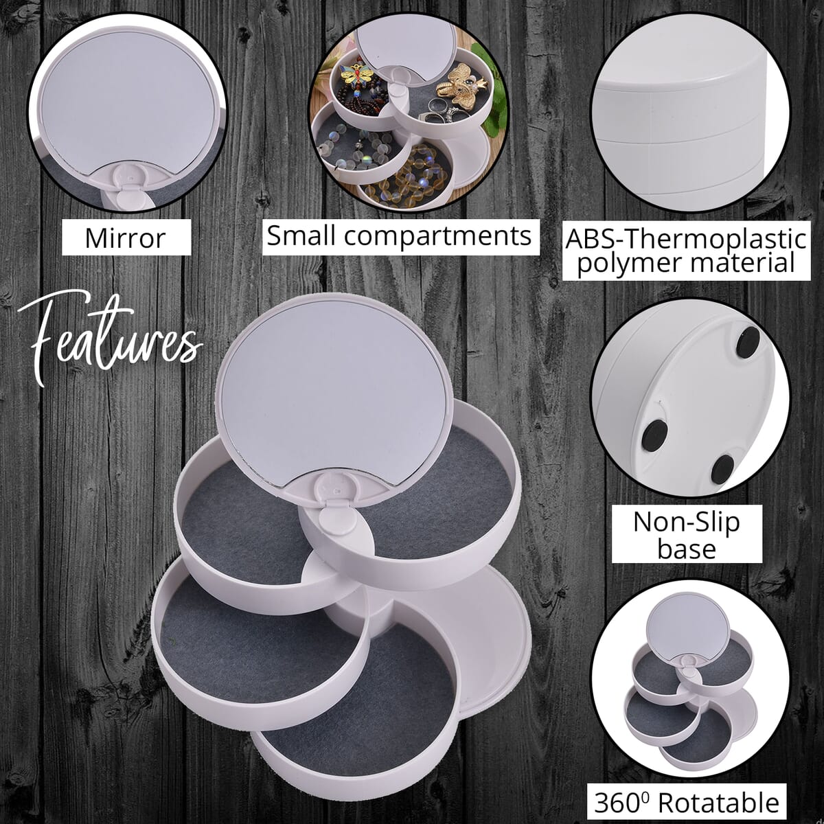 Rotating Jewelry Storage Box with Mirror – 4-Layer Compact Organizer