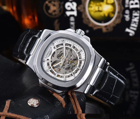 Men's Barrel-Shaped Waterproof Mechanical Watch with Leather Strap