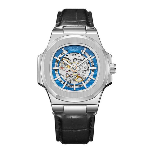 Men's Barrel-Shaped Waterproof Mechanical Watch with Leather Strap