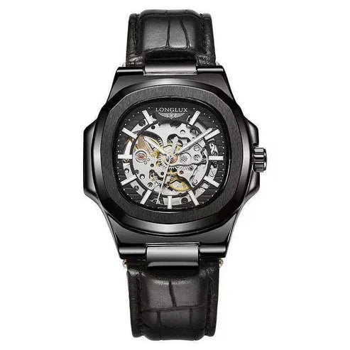 Men's Barrel-Shaped Waterproof Mechanical Watch with Leather Strap