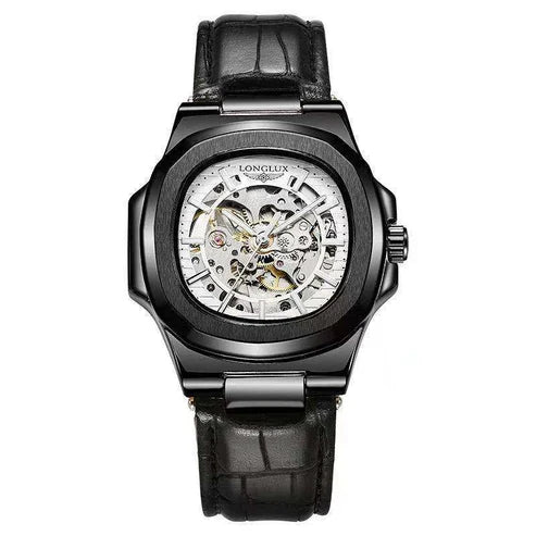 Men's Barrel-Shaped Waterproof Mechanical Watch with Leather Strap