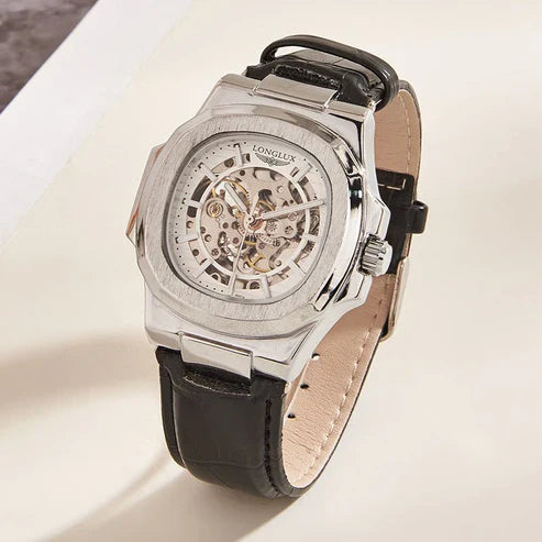 Men's Barrel-Shaped Waterproof Mechanical Watch with Leather Strap