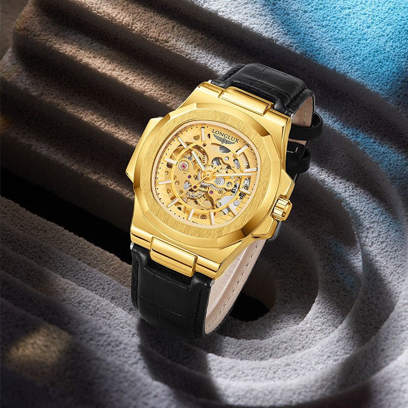 Men's Barrel-Shaped Waterproof Mechanical Watch with Leather Strap