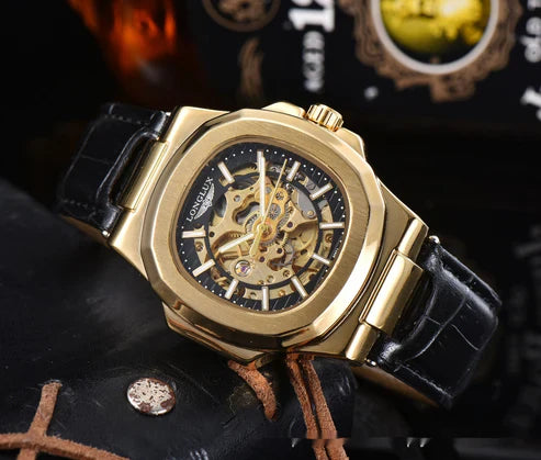 Men's Barrel-Shaped Waterproof Mechanical Watch with Leather Strap