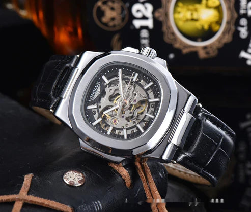Men's Barrel-Shaped Waterproof Mechanical Watch with Leather Strap