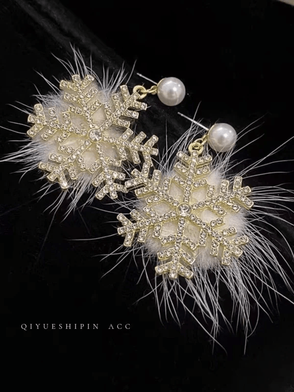 Christmas Snowflake Earrings – Women's Full Diamond Pearl Plush Earrings