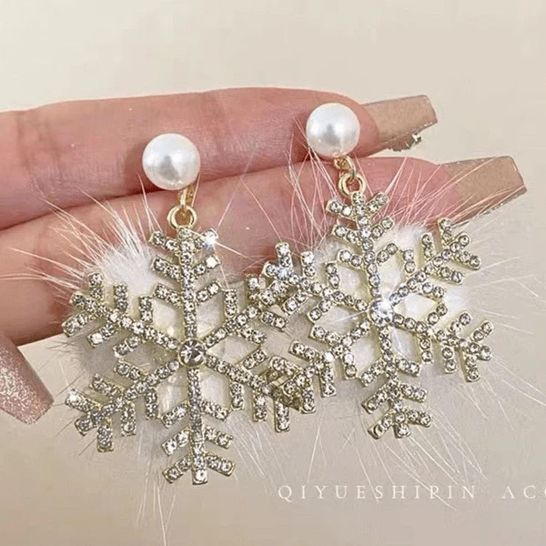 Christmas Snowflake Earrings – Women's Full Diamond Pearl Plush Earrings