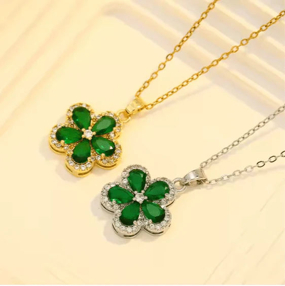 Emerald Zircon Flower Pendant Set – Necklace, Earrings & Ring