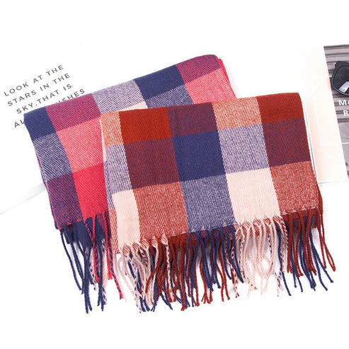 Double-Sided Plaid Tassel Scarf – Unisex Plus-Size Cashmere-Like Shawl (Autumn/Winter)
