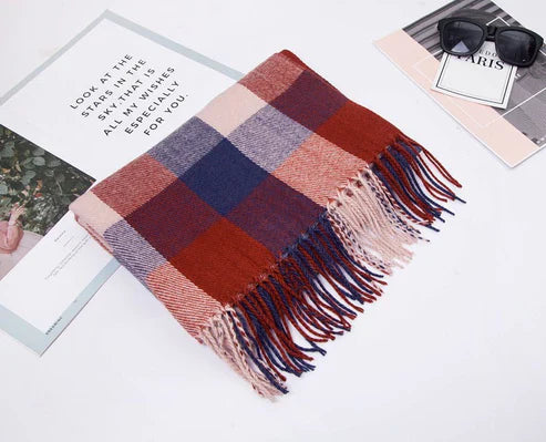 Double-Sided Plaid Tassel Scarf – Unisex Plus-Size Cashmere-Like Shawl (Autumn/Winter)
