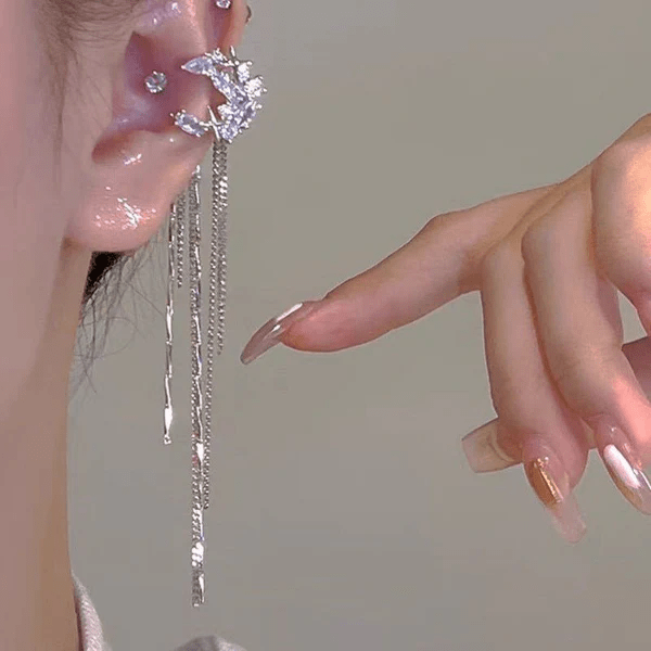 Fashion Elegant Zircon Star & Moon Tassel Non-Piercing Ear Clips