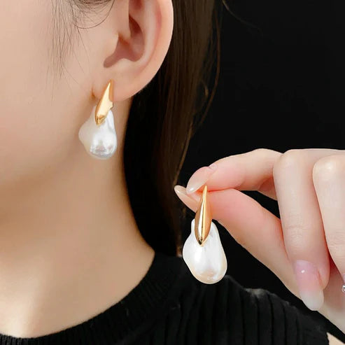 Real Gold Electroplated Silver Needle Artificial Pearl Earrings – Irregular Design