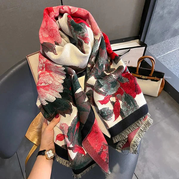 Retro Floral Artificial Cashmere Scarf – Thick & Warm for Women