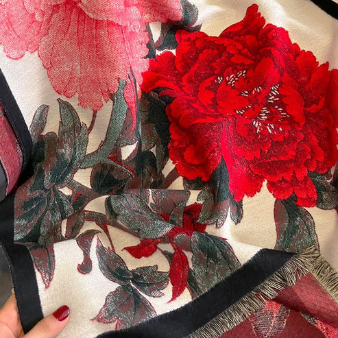 Retro Floral Artificial Cashmere Scarf – Thick & Warm for Women