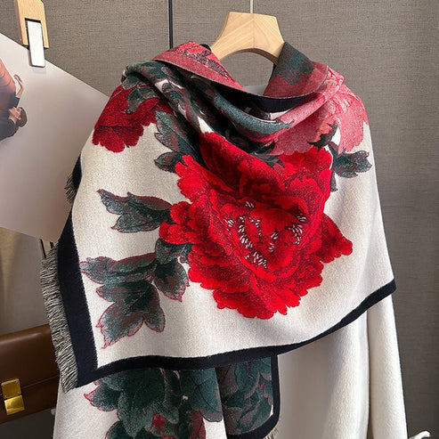 Retro Floral Artificial Cashmere Scarf – Thick & Warm for Women