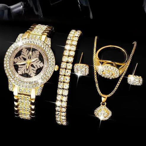 Snowflake Pattern Luxury Rhinestone Jewelry 5-Piece Watch Set