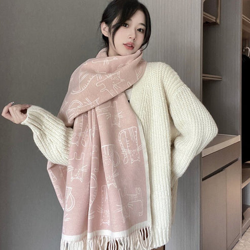 Thick Double-Sided Cashmere-Like Warm Scarf – Cat Design