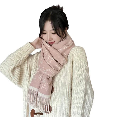 Thick Double-Sided Cashmere-Like Warm Scarf – Cat Design