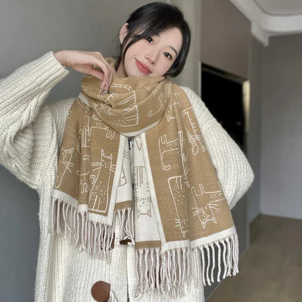 Thick Double-Sided Cashmere-Like Warm Scarf – Cat Design
