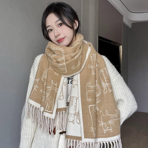 Thick Double-Sided Cashmere-Like Warm Scarf – Cat Design