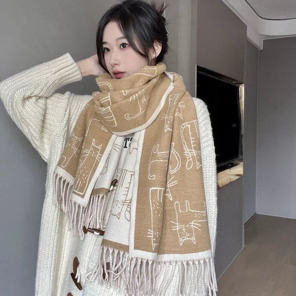 Thick Double-Sided Cashmere-Like Warm Scarf – Cat Design