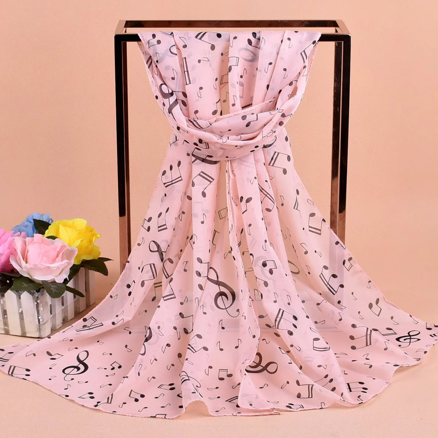 Women’s Note Print Chiffon Silk Scarf – Lightweight Fashion Accessory for All Seasons