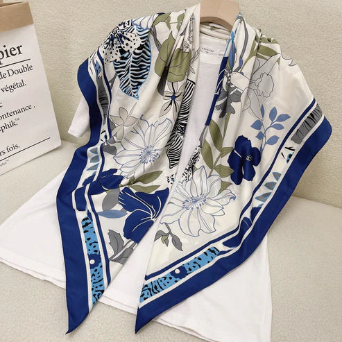 110cm Twill Floral Silk Scarf – Korean-Japanese Chic for Women