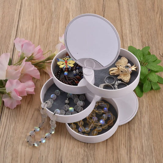 Rotating Jewelry Storage Box with Mirror – 4-Layer Compact Organizer