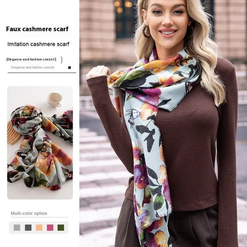 Butterfly Print Artificial Cashmere Scarf – Elegant & Versatile, 190×65cm
