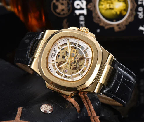 Men's Barrel-Shaped Waterproof Mechanical Watch with Leather Strap