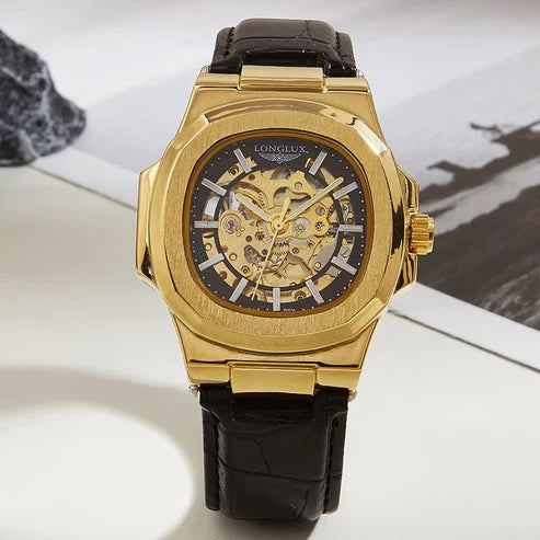 Men's Barrel-Shaped Waterproof Mechanical Watch with Leather Strap