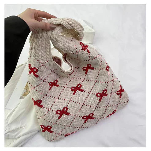 Bow Knitted Woven Shoulder Bag – Light Luxury Casual Handbag for Women