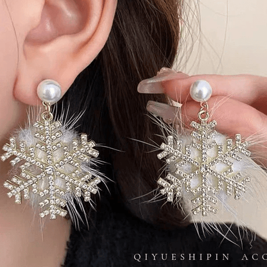 Christmas Snowflake Earrings – Women's Full Diamond Pearl Plush Earrings