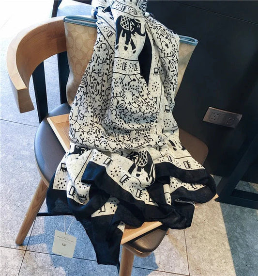 Ethnic Style Cotton & Linen Sunscreen Scarf – Elephant Print, 180×90cm