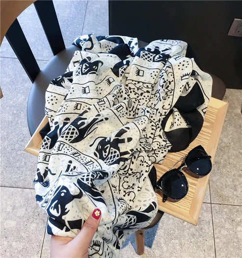 Ethnic Style Cotton & Linen Sunscreen Scarf – Elephant Print, 180×90cm