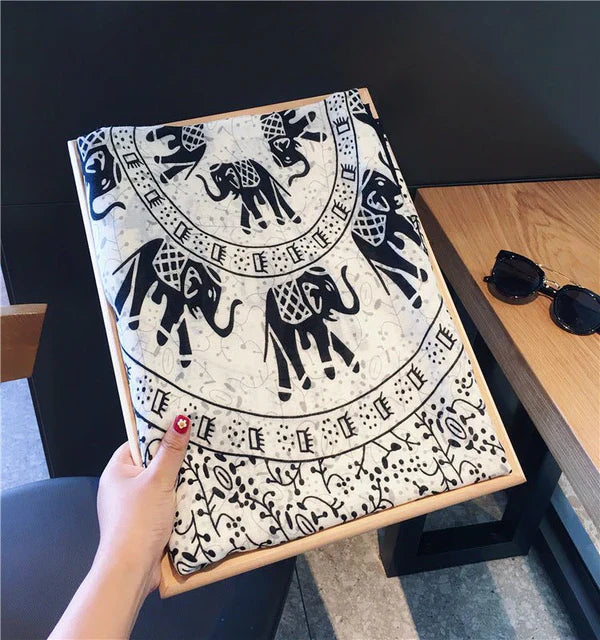 Ethnic Style Cotton & Linen Sunscreen Scarf – Elephant Print, 180×90cm