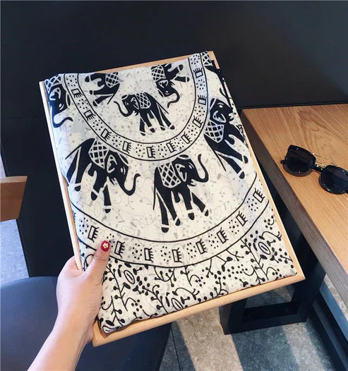 Ethnic Style Cotton & Linen Sunscreen Scarf – Elephant Print, 180×90cm