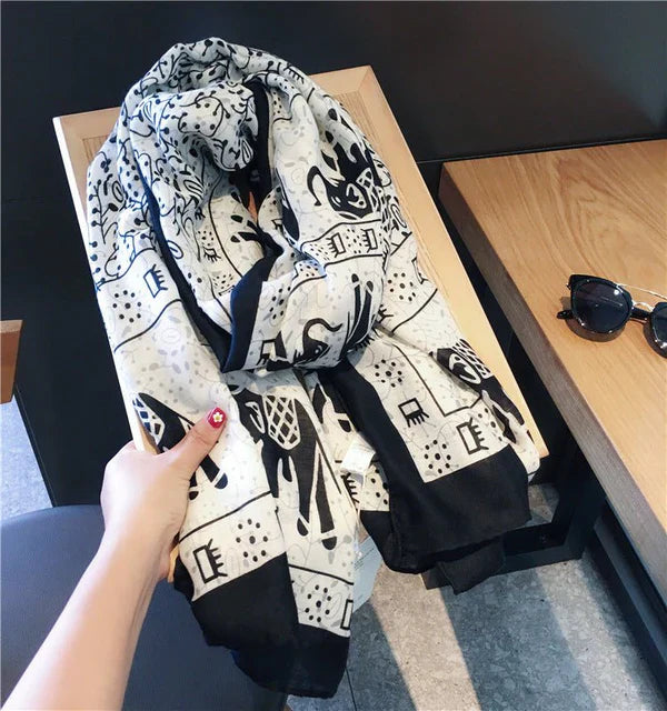 Ethnic Style Cotton & Linen Sunscreen Scarf – Elephant Print, 180×90cm