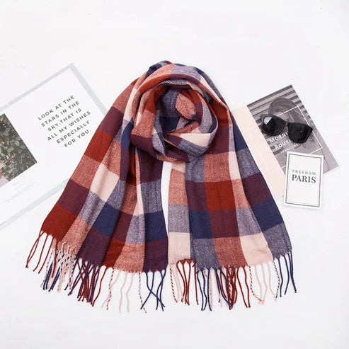 Double-Sided Plaid Tassel Scarf – Unisex Plus-Size Cashmere-Like Shawl (Autumn/Winter)