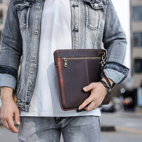 Retro Crazy Horse Leather Laptop Bag – Zipper Closure