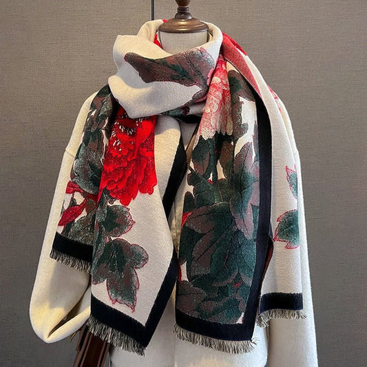 Retro Floral Artificial Cashmere Scarf – Thick & Warm for Women
