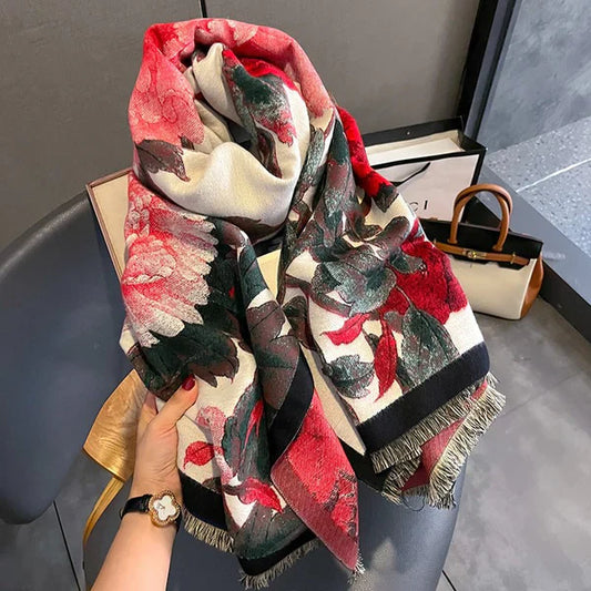 Retro Floral Artificial Cashmere Scarf – Thick & Warm for Women