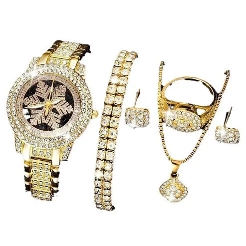 Snowflake Pattern Luxury Rhinestone Jewelry 5-Piece Watch Set