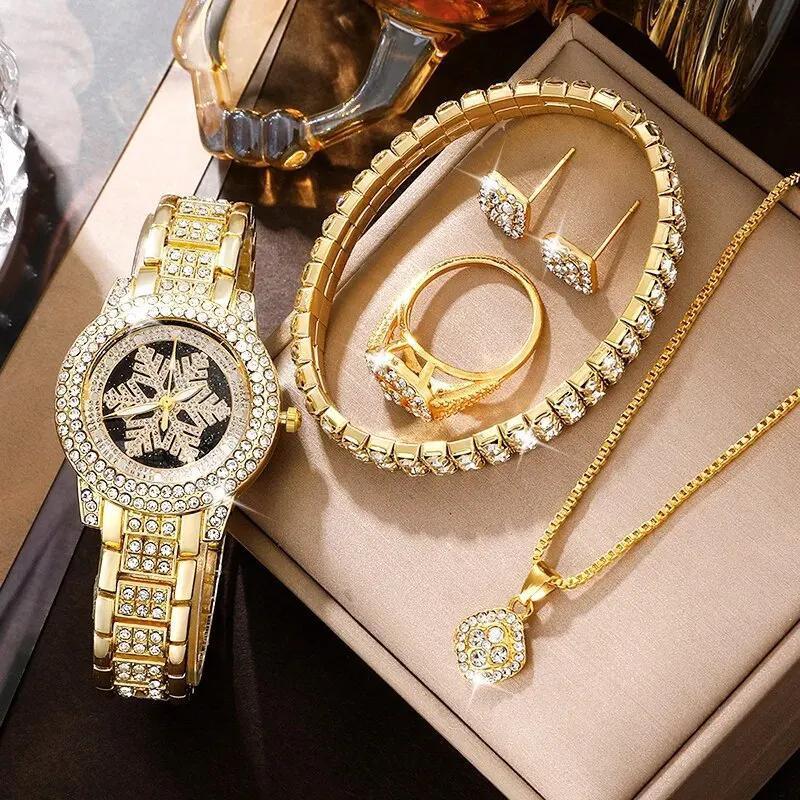 Snowflake Pattern Luxury Rhinestone Jewelry 5-Piece Watch Set
