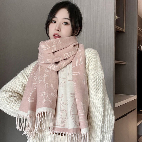 Thick Double-Sided Cashmere-Like Warm Scarf – Cat Design