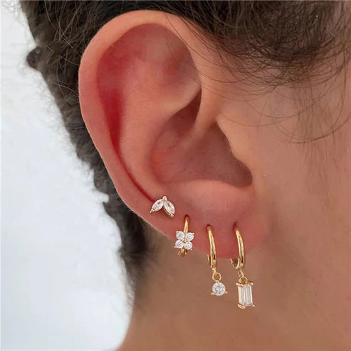 Women’s Geometric Flower Zircon Earrings – Gold & Platinum Folded Style